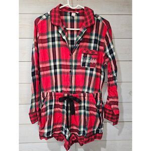 Victoria's Secret Flannel Red Plaid Sleep Romper LARGE